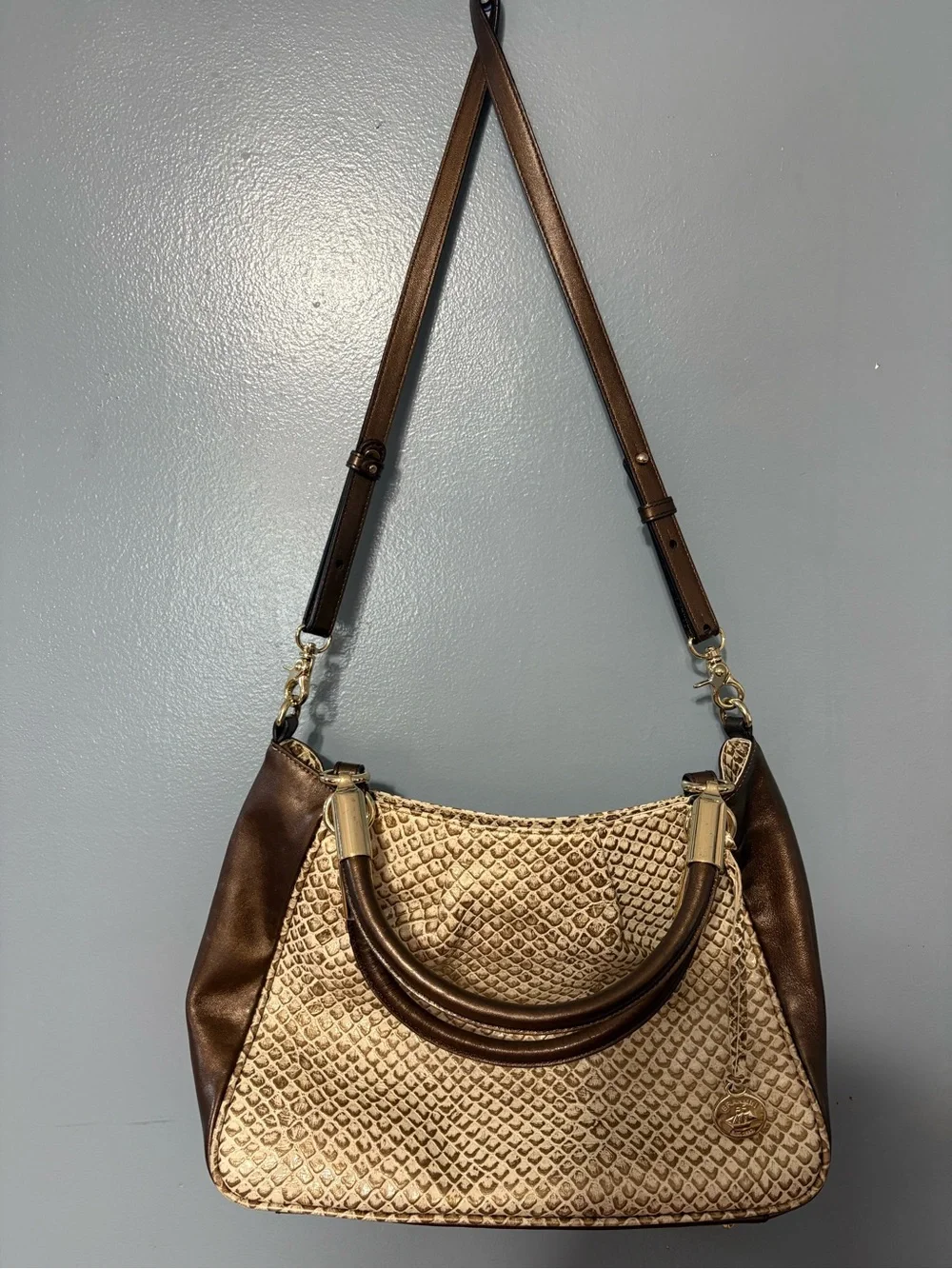 Brahmin Beige Brown Embossed Animal Print Shoulder Bag Zip Gold Dust Bag
